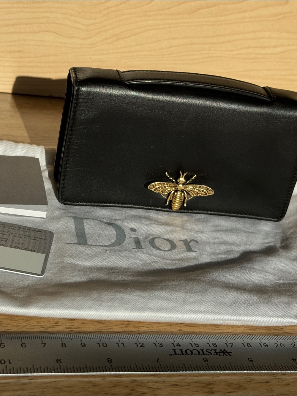 Christian Dior Bee Pouch in Black Calfskin Leather with Gold Bee Emblem